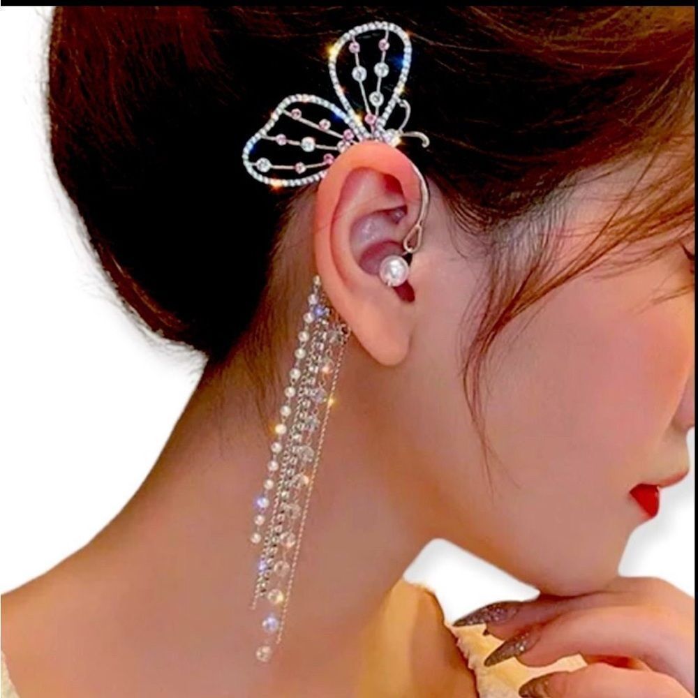 Silver Butterfly Ear Cuff Set with Colorful Tassel Dangle Earrings NEW